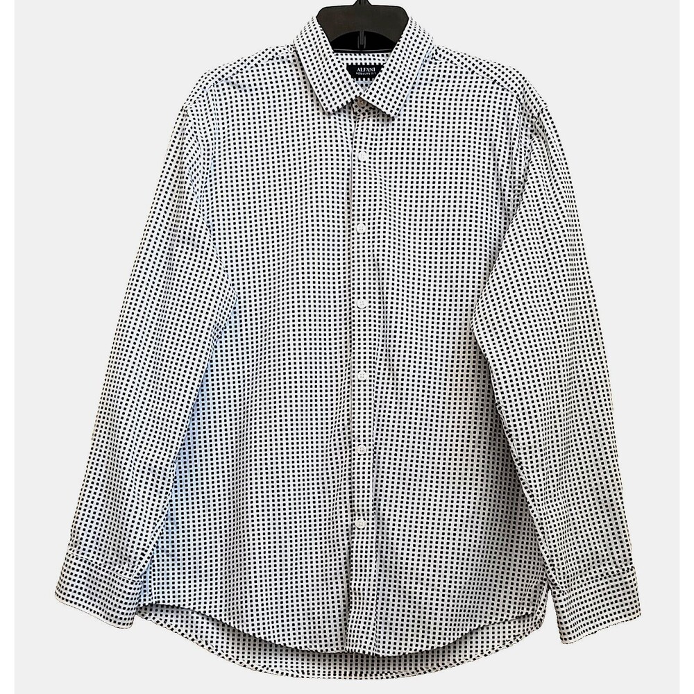 Alfani Mens Button Up Long Sleeve Shirt Black And White Squares L Regular Fit